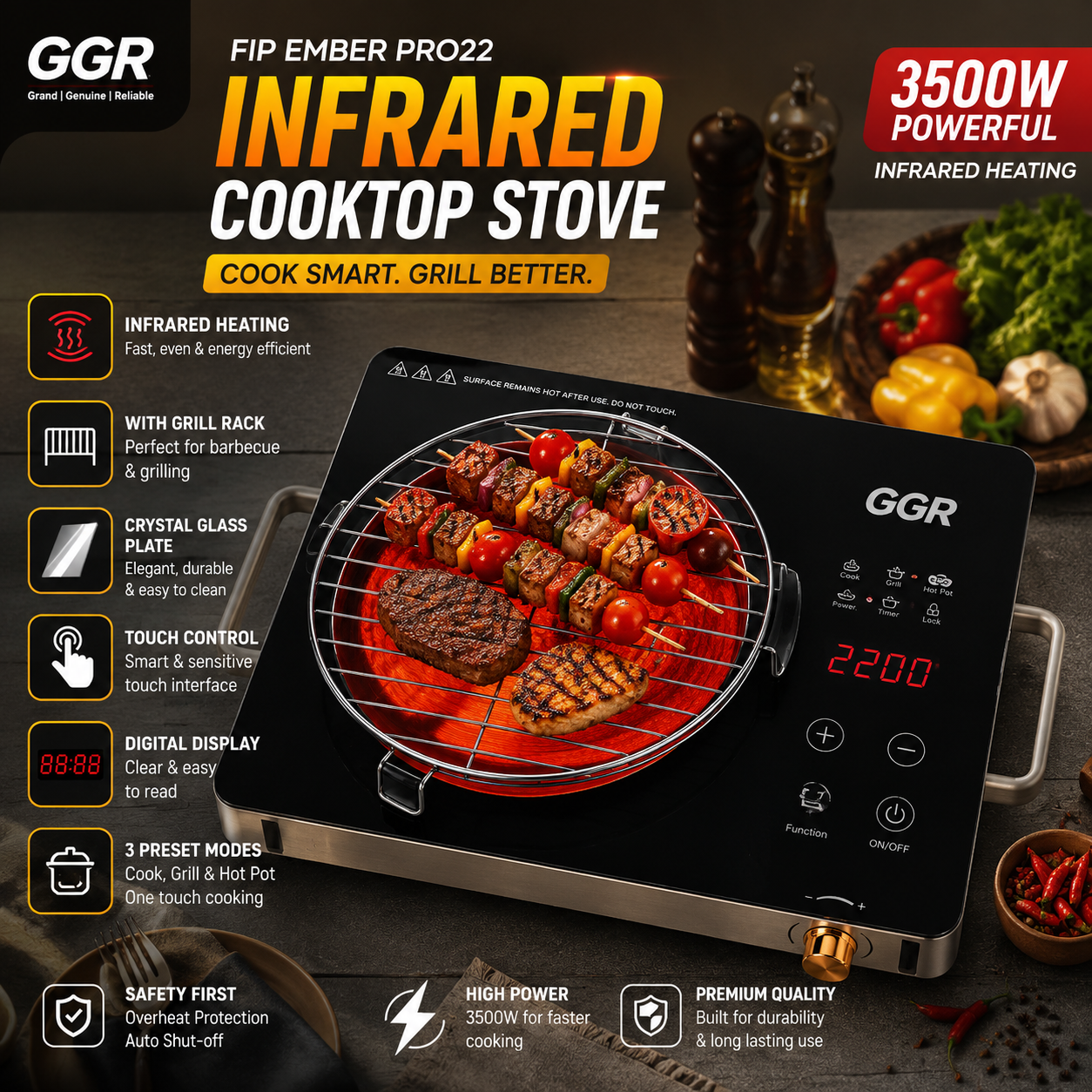 Portable 3500W Infrared Cooker  Crystal Glass Cooktop with Grill Rack & Digital Display
